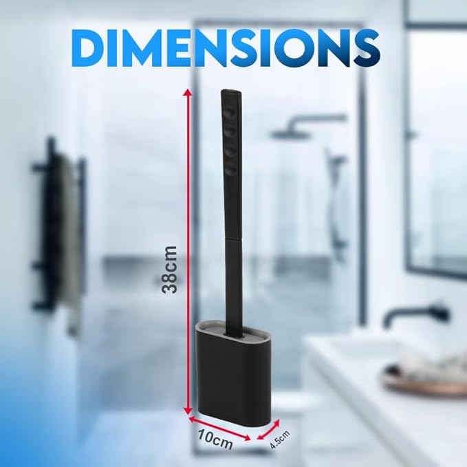 Silicone Toilet Brush and Holder Set – Pack of 1 Wall Mounted Black Toilet Brush – Long Non-Slip Handle, Flexible Bristles for Easy Cleaning – Modern Toilet Scrubber Brush