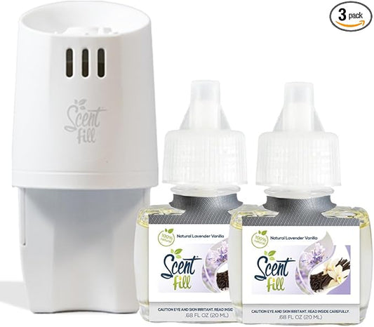 Scent Fill 100% Natural Lavender Vanilla Plug in Air Freshener, Scented Oil Refills, 2 Refills + Diffuser