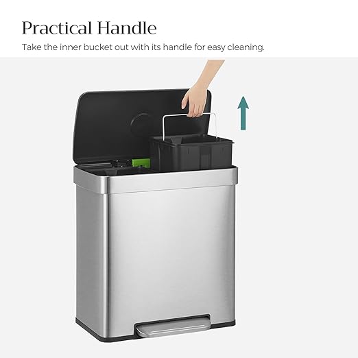 SONGMICS Kitchen Trash Can, 16 Gallon (2 x 8 Gallon) Dual Compartment Garbage Can, 60L Pedal Recycling Bin, Stays Open and Soft Close, Stainless Steel, 15 Bags Included, Metallic Silver ULTB202E01