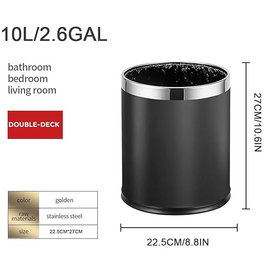 Open Top Hotel Trash Can, Office Metal Black Waste Basket,Round Garbage Can for Hotel,Restaurant,Office