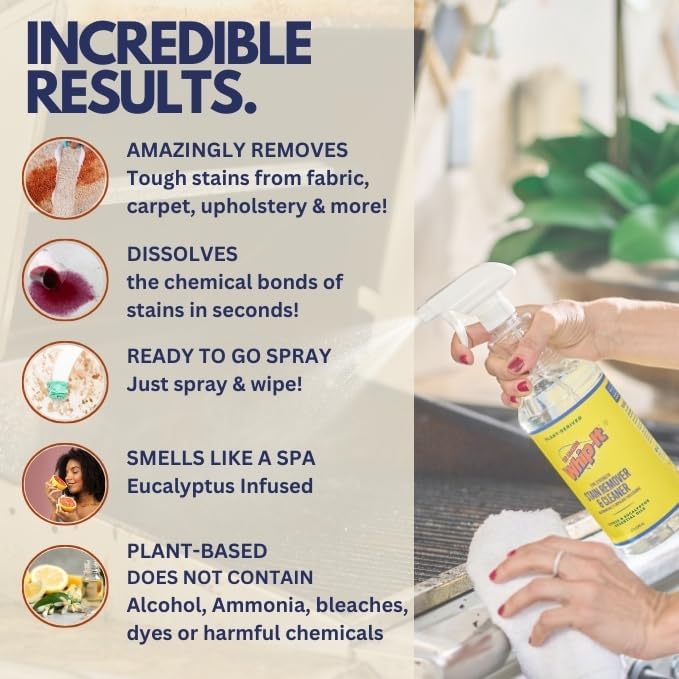 Whip It Cleaner, Multi Purpose Stain Remover Professional Strength Spray, Plant Based Enzyme Cleaner, Cleaning Food, Coffee, Wine, Baby Stains, Pet Stains, Over 500 uses, Made in USA, 32 OZ