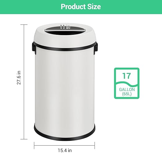 Garvee 17 Gallon/65 Liter Trash Can, Fingerprint-Proof Stainless Steel Open Top Garbage Can, Heavy Duty Commercial Round Trash Bin for Restaurant, Home, Office,White