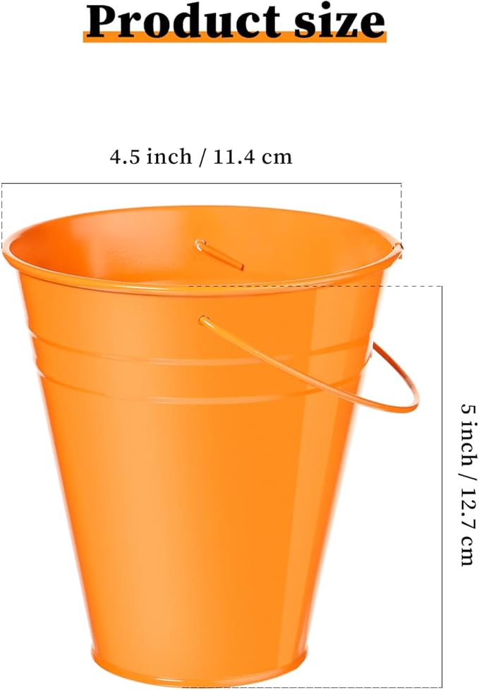Sadnyy 6 Pack Galvanized Bucket, 5" Metal Bucket with Handles, Metal Buckets and Pails, Kids Party Supplies, Toy Container Table Centerpiece Decoration(Orange)