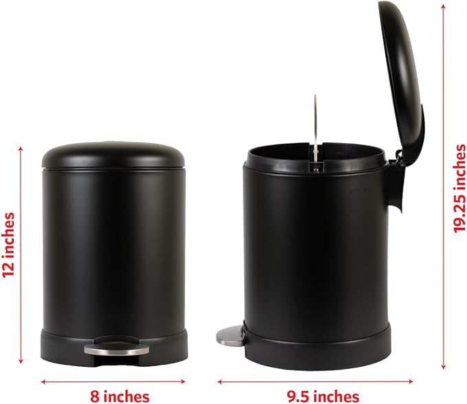 Glad Small Trash Can, 1.2 Gallon | Round Stainless Steel Garbage Bin with Soft Close Lid & Step Foot Pedal | Black Metal Waste Basket with Removable Inner Bucket, Matte Black
