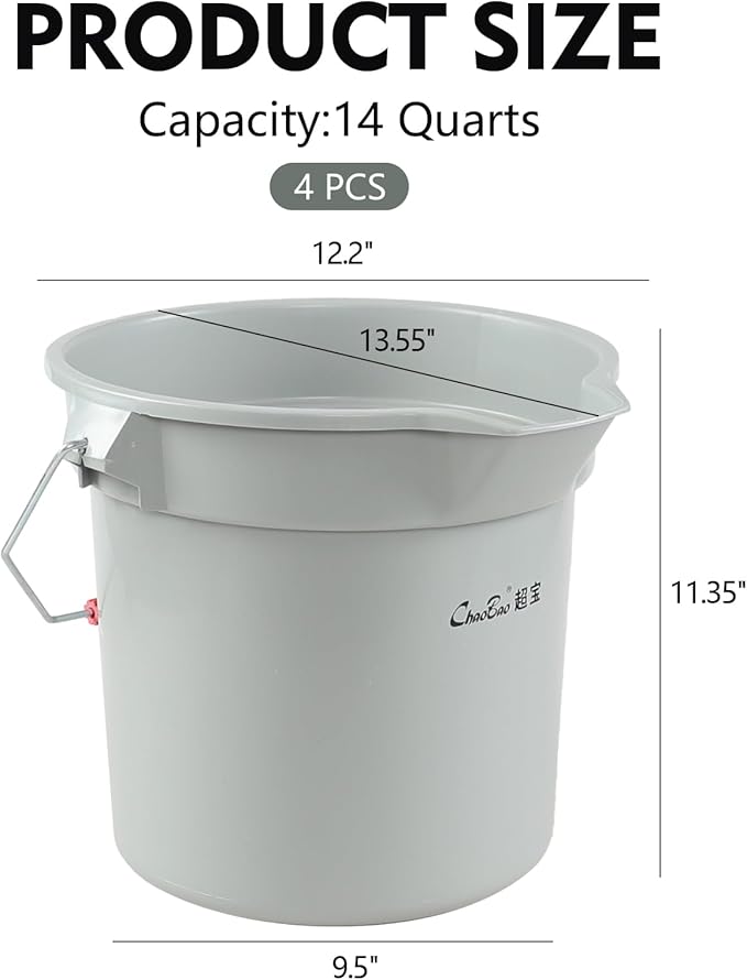 4 Packs 14 Quart Commercial Cleaning Pail, Round Utility Bucket with Handle, Plastic Water Container Cleaning Bucket