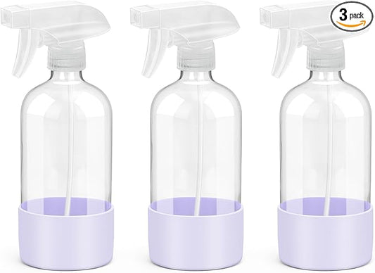 Glass Spray Bottles with Silicone Sleeve Protection, Empty 16 oz Refillable Containers, Reusable Spray Bottles with Adjustable Nozzle for Hair, Cleaning Solutions, 3 Pack Purple