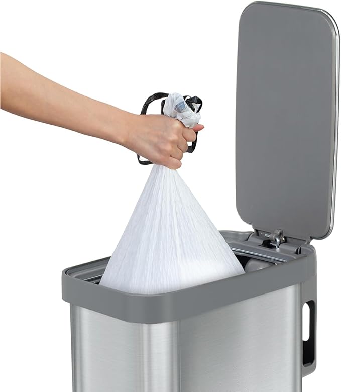 Glad Slim Trash Can with Clorox Odor Protection - Narrow Kitchen Garbage Bin with Soft Close Lid, Step On Foot Pedal and Waste Bag Roll Holder, All Stainless, 45 Liter