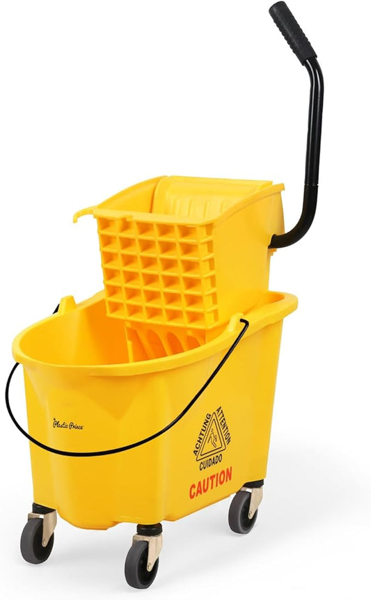 Commercial Mop Bucket with Wringer on Wheels, Heavy Duty Industrial Mop Bucket and Wringer, Side-Press Bucket with Wringer Set for Home Office Restaurant Business, 35-Quart - Yellow