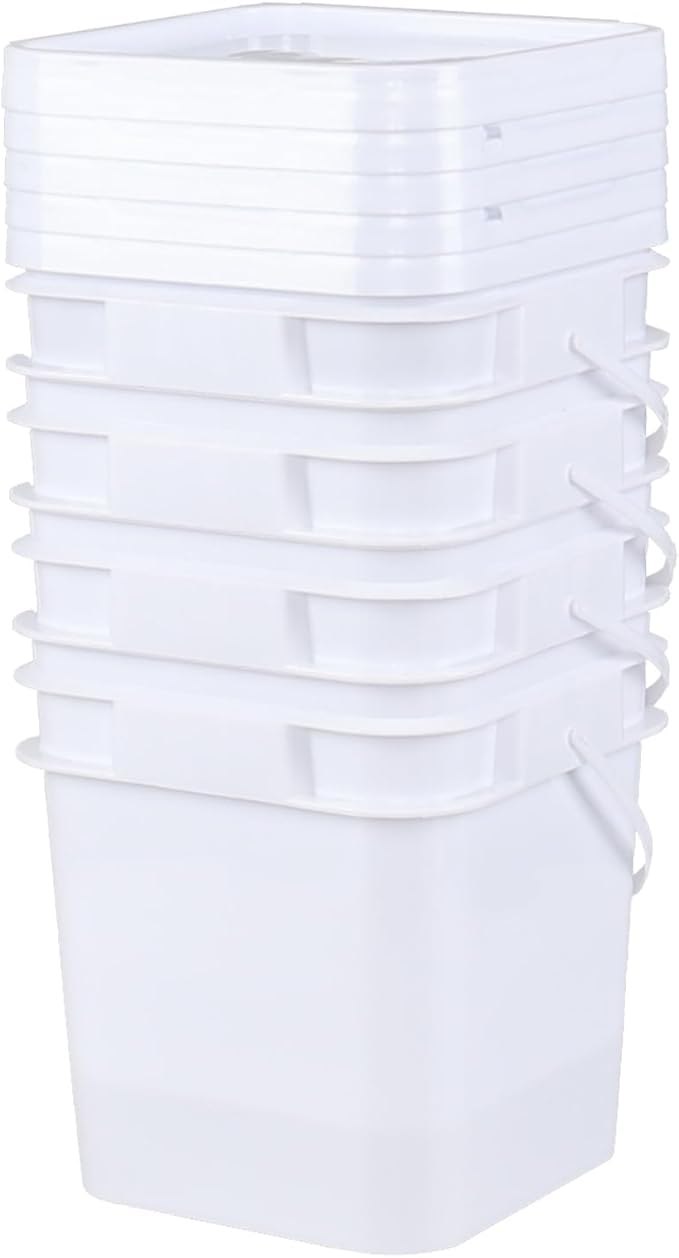 Teyyvn 4 Pcs 3 Gallon Square Bucket with Lid and Plastic Handles, White Plastic Utility Bucket Pail with Lid for Food Storage