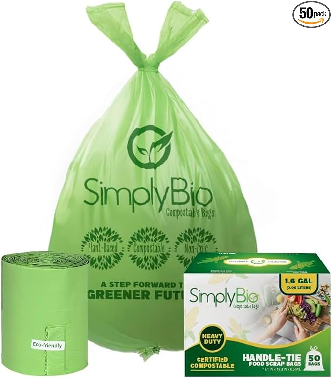 1.6 Gallon Compostable Trash Bags Handle, Heavy Duty Thick 0.6 Mil, 6.06 Liter, 50 Bags, Small Kitchen Food Scrap Waste Bag, ASTM D6400, US BPI and OK Compost Home Certified