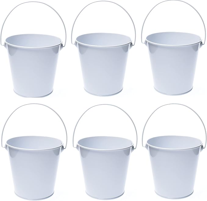 Colored Metal Buckets with Handle, 6 Pack 5.91 Inch Galvanized Iron Pail Bucket for Kids,Classroom,Crafts,and Party Favors (White)