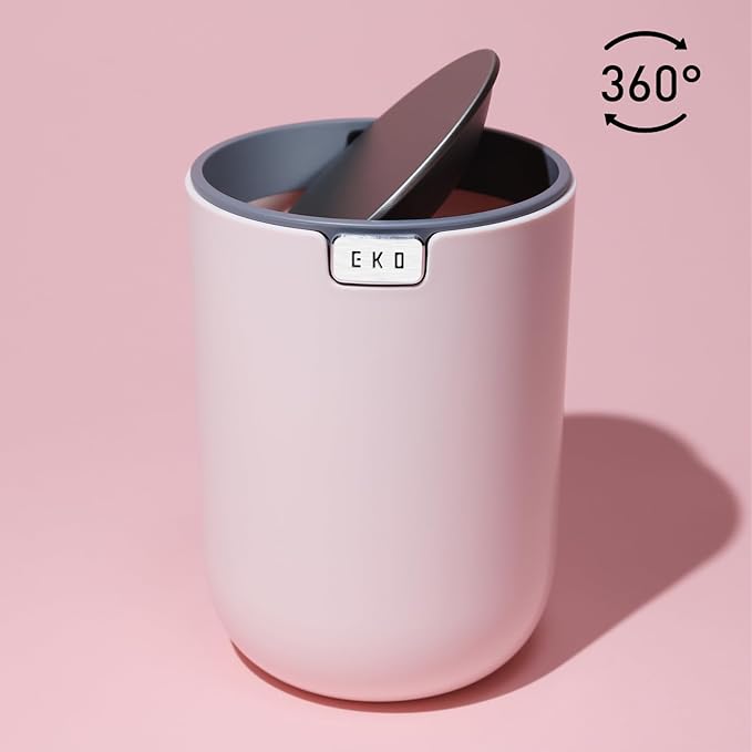 EKO Mini Desk Trash Can with Swing-Top Lid 0.4 Gallon Small Table Round Wastebasket for Office, Home, Car (Pink)