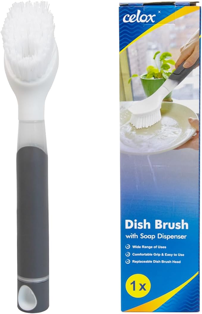 CELOX Dish Soap Brush with Soap Dispenser for Dishes, Pans, Sink, Pots