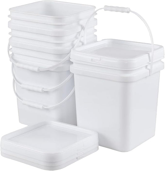 White Plastic 5 Gallon Cleaning Bucket with Handle, Square Bucket with Disposable Seal Lid for Food, All Purpose Pail, 4 Packs