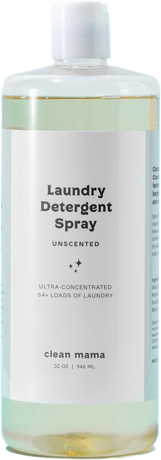 Clean Mama Laundry Detergent Spray & Pre-Treater Refill - Natural Laundry Detergent Soap for Sensitive Skin - Eco-Friendly, HE Compatible - Unscented - 64+ Loads of Laundry, 32 oz