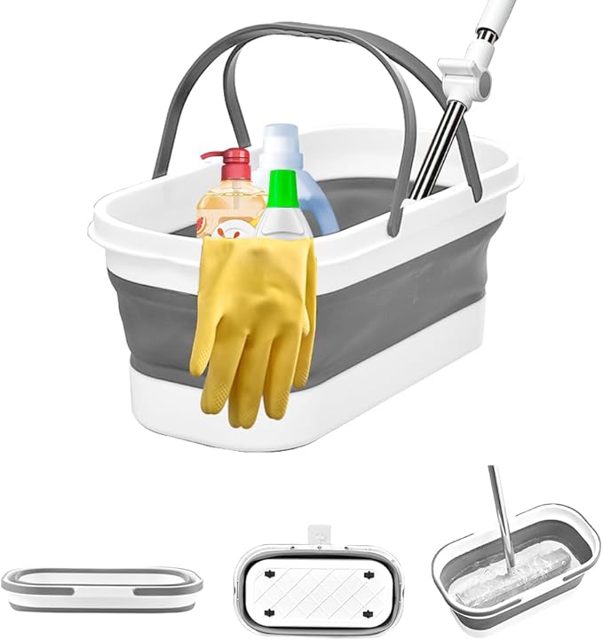 Collapsible Mop Bucket Basin Tub with Handle and Wheels, 12L (3.2 Gallon) Foldable Small Plastic Container for Household Cleaning, Car Washing, Portable Basket Bin Tool for Storage Organizer, Grey
