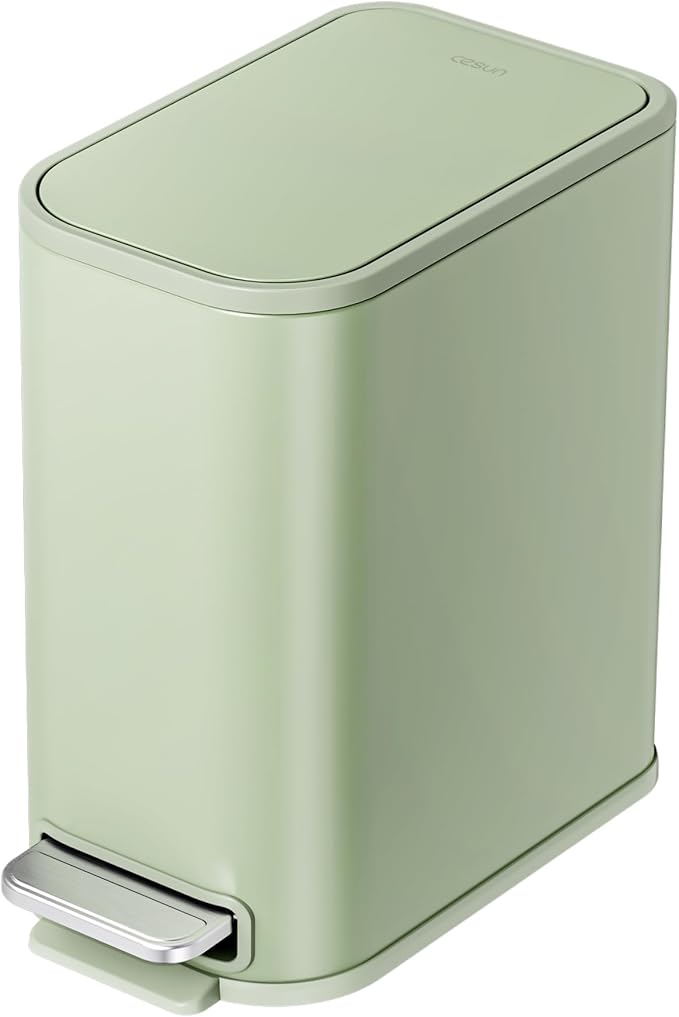Cesun Small Bathroom Trash Can with Lid Soft Close, Step Pedal, 5 Liter / 1.3 Gallon Stainless Steel Garbage Can with Removable Inner Bucket, Waste Basket for Bathroom, Bedroom (Green)