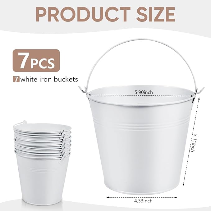 OBTANIM 7 Pack White Metal Buckets with Handle Galvanized Ice Pails for Plants, Succulents, Party Favors Organizing, Rustic Home Decor or Classrooms Pencil Storage (6 x 4.4 inch)