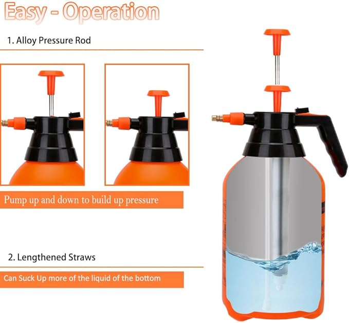 2 Pack Pump sprayers in Lawn and Garden, 2L Handheld Garden Pump Sprayer 0.5 Gallon Water Mist Spray Bottle for Plants, Weed Sprayer with Adjustable Brass Nozzle (2L Orange)