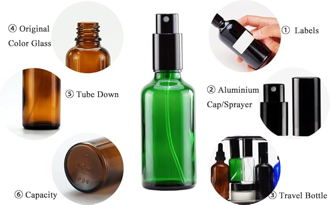 YIZHAO Green Glass Spray Bottles 2oz, with Small Fine Mist Spray, Metal Cap, Refillable for Essential Oil,Travel,Cleaning,Perfume,Aromatherapy,Makeup – 12 Pcs
