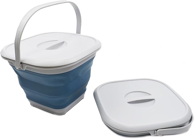 SAMMART 8.5L (2.2 Gallon) Collapsible Square Handy Bucket with Lid/Foldable Square Water Pail with Lid/Portable Tub with Handle and Lid (Grey/Steel Blue (Set of 2))