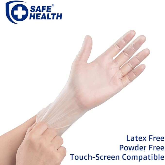 Safe Health Vinyl Exam Disposable Gloves, Free of Latex & Powder, Clear, 3.5 Mil, Medical Grade