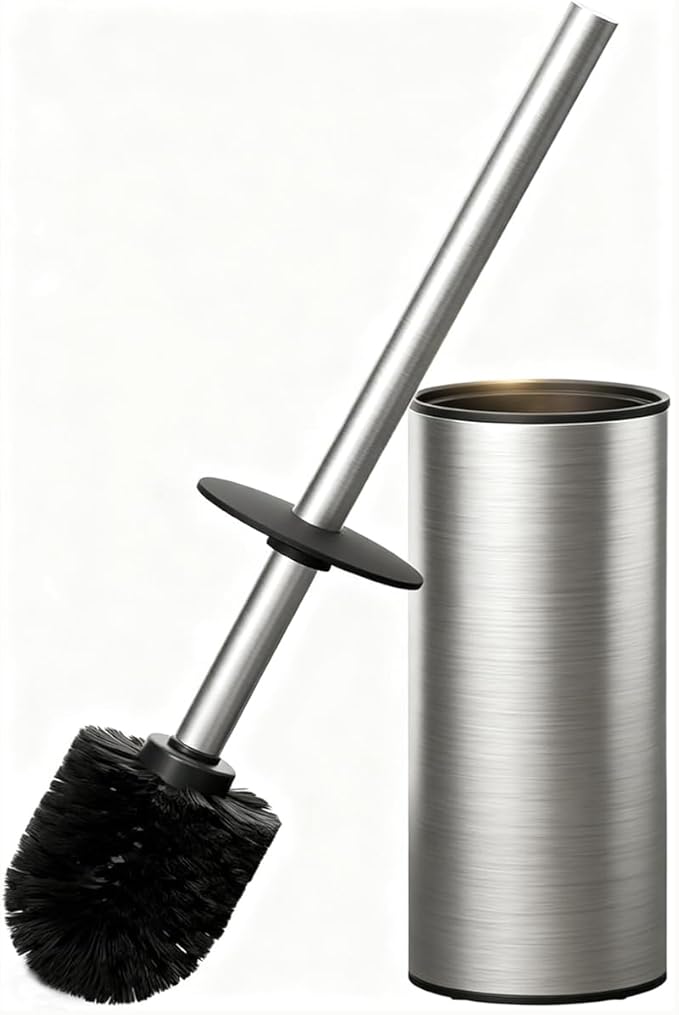 Toilet Brush and Holder Set, NEWRAIN Stainless Steel Toilet Brush with Long Brush Handle, Brushed Nickel Toilet Scrubber and Covered Holder, Round Design Sturdy and Space Saving, Covered Brush