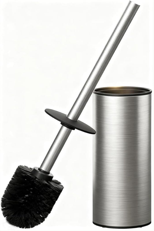 Toilet Brush and Holder Set, NEWRAIN Stainless Steel Toilet Brush with Long Brush Handle, Brushed Nickel Toilet Scrubber and Covered Holder, Round Design Sturdy and Space Saving, Covered Brush