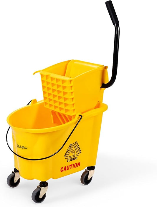 Commercial Mop Bucket with Wringer on Wheels, Heavy Duty Industrial Mop Bucket and Wringer Separate Dirty Water for Home Office Restaurant Business, 26 Quart - Yellow