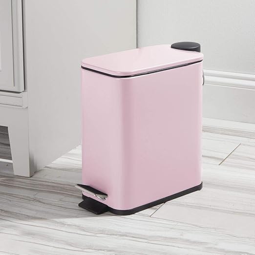 mDesign Slim Metal Rectangle 1.3 Gallon Trash Can with Step Pedal, Easy-Close Lid, Removable Liner - Narrow Wastebasket Garbage Container Bin for Bathroom, Bedroom, Kitchen, Office - Matte Blush Pink