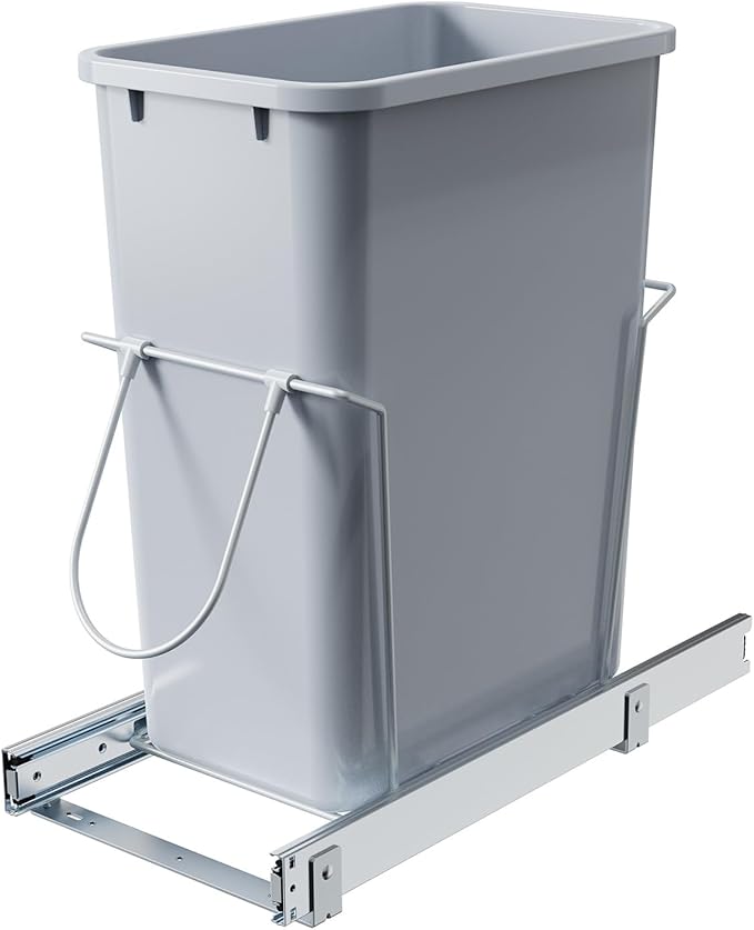Single Pull-Out Trash Can, 35QT Under-Cabinet Kitchen Bin, Metal Frame, Grey, Fits Above 14” Opening Cabinets