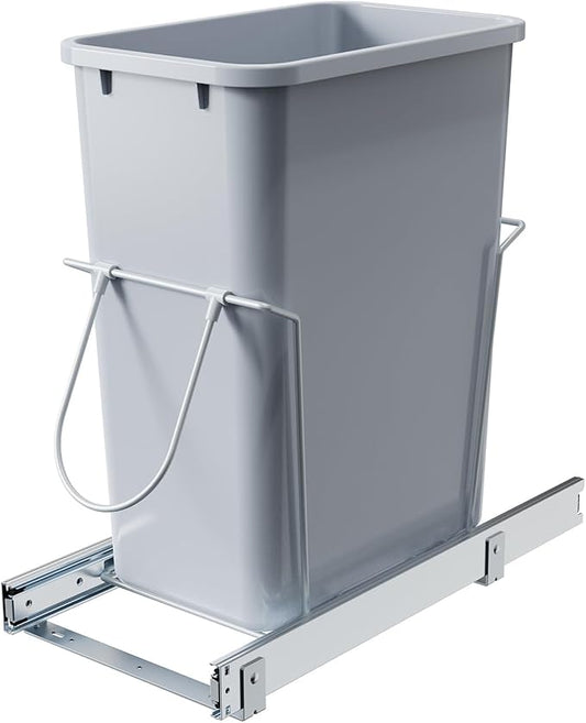 Single Pull-Out Trash Can, 35QT Under-Cabinet Kitchen Bin, Metal Frame, Grey, Fits Above 14” Opening Cabinets