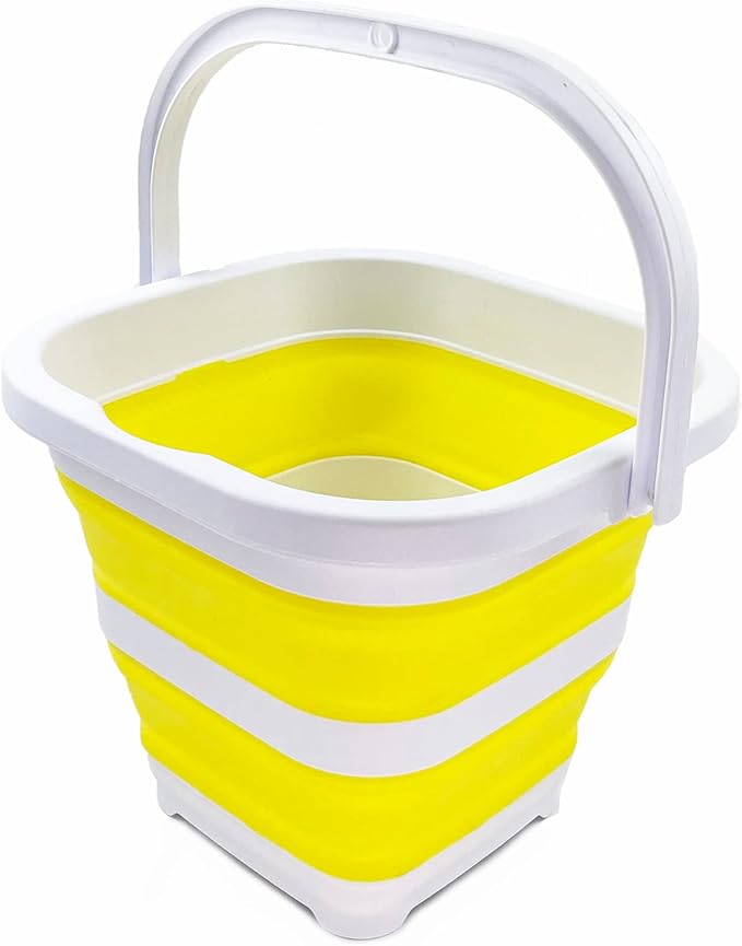 SAMMART Collapsible Rectangular Cleaning Bucket 5L (1.3 Gallon)- Foldable Camping Beach Sand Water Pot Pail- Portable Space Saving Tub for Household, Outdoor Car Washing (White/Lemon)