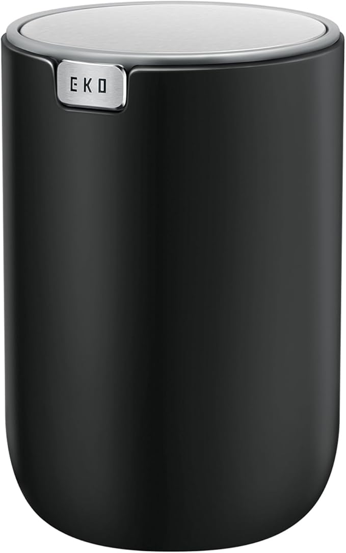 EKO Mini Desk Trash Can with Swing-Top Lid 0.4 Gallon Small Table Round Wastebasket for Office, Home, Car (Black)