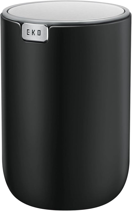 EKO Mini Desk Trash Can with Swing-Top Lid 0.4 Gallon Small Table Round Wastebasket for Office, Home, Car (Black)