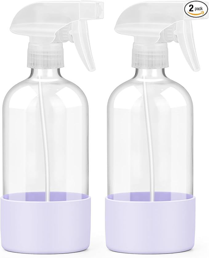2 Pack Glass Spray Bottles with Silicone Sleeve, 16 oz Empty Refillable Containers with Adjustable Spray Nozzles, Spray Bottles for Hair, Cleaning Solutions and Plants Purple