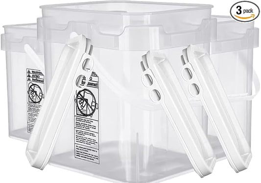 House Naturals 5 Gallon Food Grade Made in USA Plastic Bucket with lids, (Pack of 3) (Clear Square Buckets)