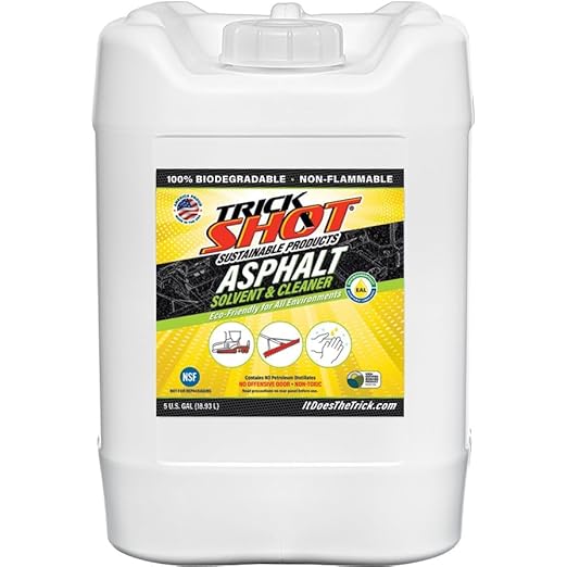 Trick Shot Asphalt Solvent and Cleaner - Biodegradable Industrial Degreaser for Paving Equipment & Tools - Eco-Friendly Remover of Tar, Tack, Sealcoating Oil, & Bitumen, Made in USA (5 Gallon Can)
