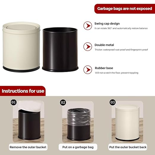 2.6GAL Off White Metal Bathroom Trash Can with Lid,Double Bucket,Swing Lid,Round Waste Basket for Bathroom,Bedroom,Office,Hotel,Bank