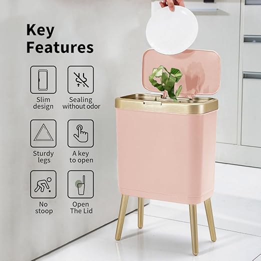 Procade Bathroom Trash Can with Lid, 4 Gallon Pink Garbage Can, Tall Plastic Trash Bin with Push Button, Slim Gold Trash Can Waste Basket for Room, Bedroom,Office,Kitchen