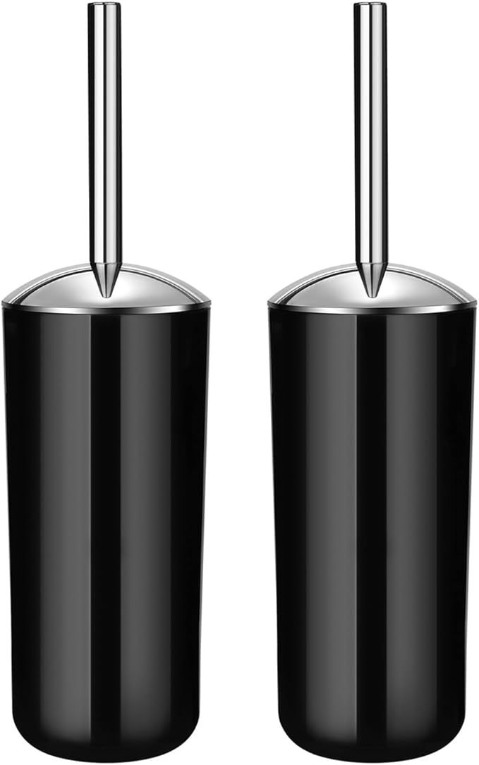 Black Toilet Brush and Holder Set, 2 Pack – Toilet Brush Black with Stainless Steel Handle, Non-Scratch Bristles, Compact and Drip-Free, Toilet Bowl Brush for Bathroom and Home Use