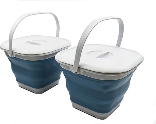 SAMMART 8.5L (2.2 Gallon) Collapsible Square Handy Bucket with Lid/Foldable Square Water Pail with Lid/Portable Tub with Handle and Lid (Grey/Steel Blue (Set of 2))