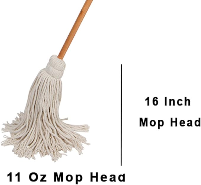 Large Wet Deck Cotton Mop with Solid Wood Handle (11 Oz, White)