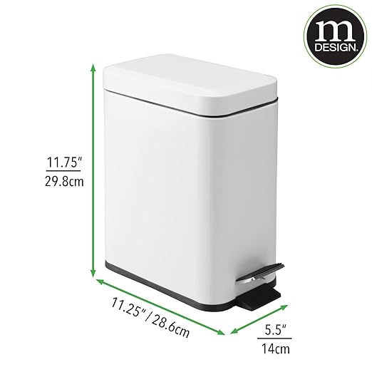 mDesign 5 Liter Rectangular Small Steel Step Trash Can Wastebasket, Garbage Container Bin for Bathroom, Powder Room, Bedroom, Kitchen, Craft Room, Office - Removable Liner Bucket, Matte White