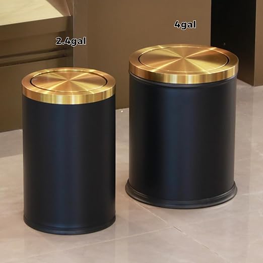 4GAL Bathroom Trash Can with Lid, Small Trash Can with Bronze lid,Black and Gold Waste Basket for Bathroom,Kitchen，Living Room,Hotel,Office (Black)