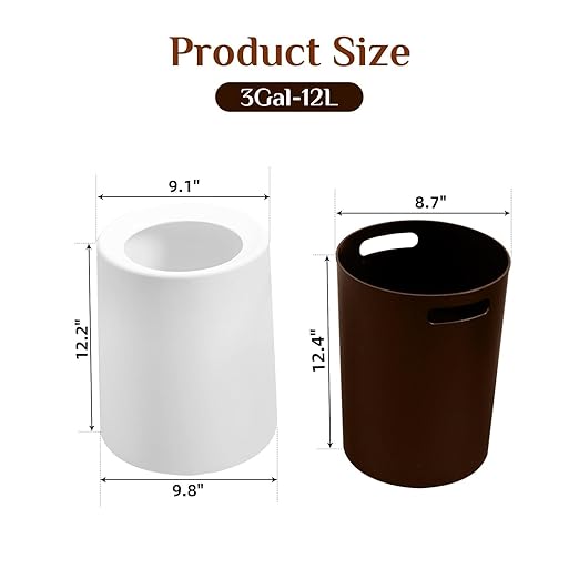 2 Pack Round Modern Trash Can Bedroom, 3Gal/12L Bathroom Trash Can Hidden Bag, Open Top Trash Bin Round Plastic, Minimalist White Garbage Can with Inner Bucket (with 2 Handles) for Kitchen Office