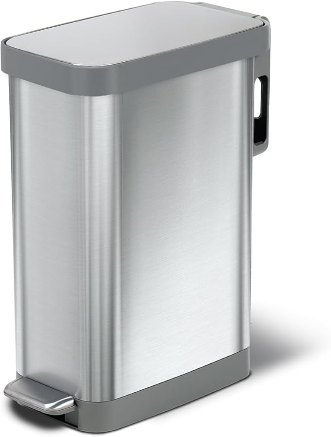 Glad Slim Trash Can with Clorox Odor Protection - Narrow Kitchen Garbage Bin with Soft Close Lid, Step On Foot Pedal and Waste Bag Roll Holder, All Stainless, 45 Liter