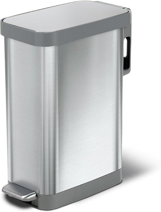 Glad Slim Trash Can with Clorox Odor Protection - Narrow Kitchen Garbage Bin with Soft Close Lid, Step On Foot Pedal and Waste Bag Roll Holder, All Stainless, 45 Liter