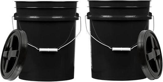House Naturals 5 Gallon Plastic Black Bucket Food Grade BPA Free with Black Screw on Air Tight Lid(Pack of 2) Made in USA Pail