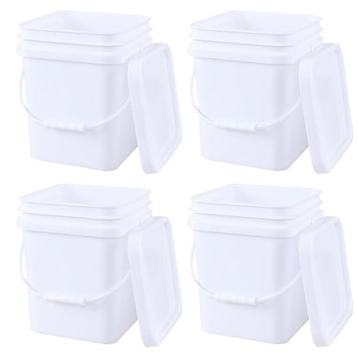 4 Gallon (4 Pack) Plastic Bucket Pail with Handle, Food Grade Bucket Containers with Lid, White